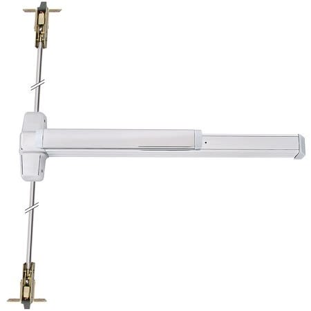 Grade 1 Concealed Vertical Rod Exit Bar, Wide Stile Pushpad, 48" Fire-rated Device, 80" to 100" Door Height, Exit Only, Less Dogging, Satin Chrome Finish, Field Reversible